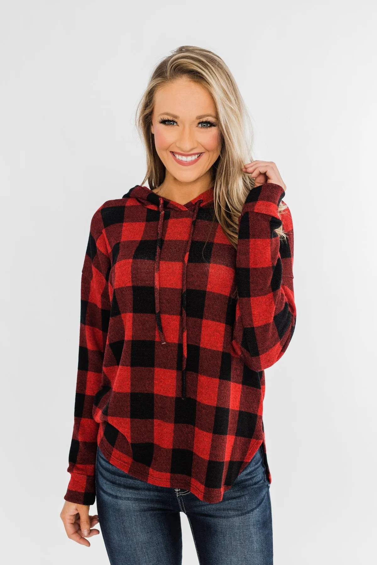 Brand New Day Drawstring Hoodie- Buffalo Plaid