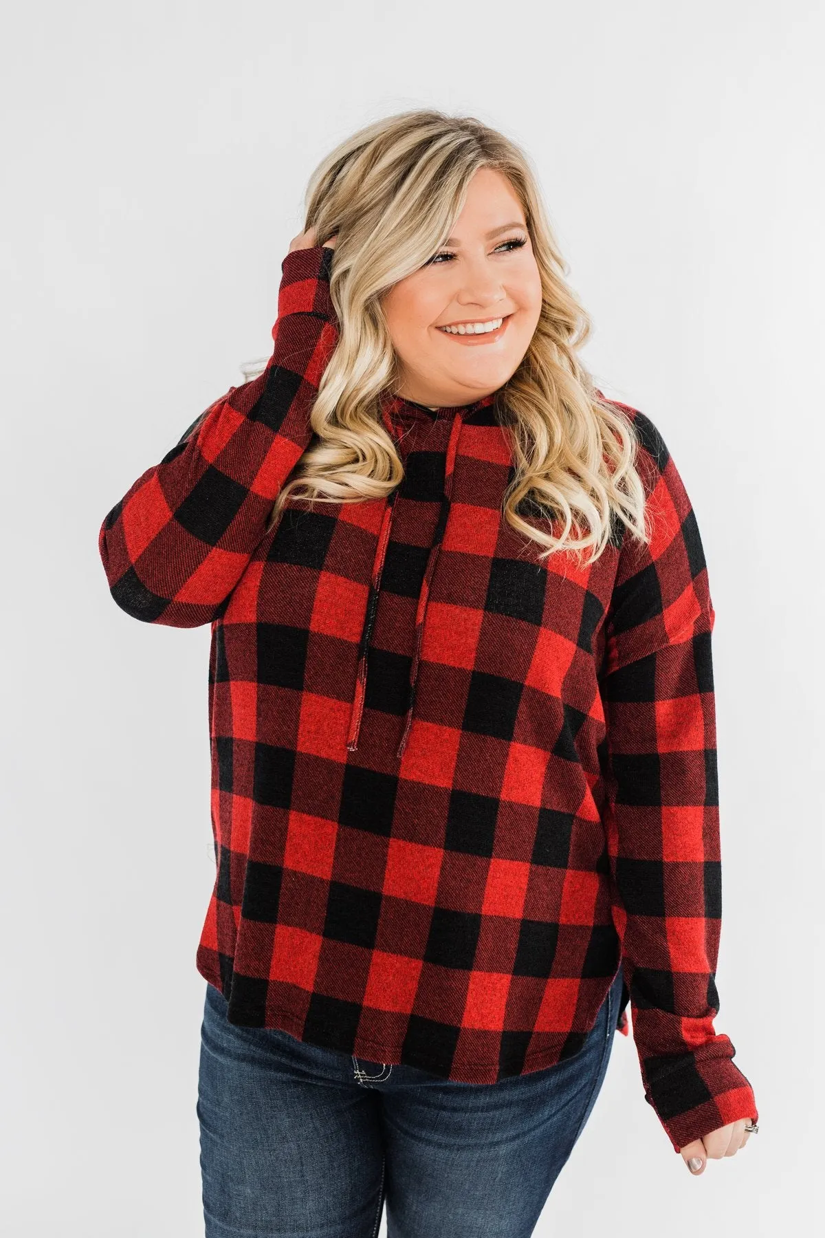 Brand New Day Drawstring Hoodie- Buffalo Plaid