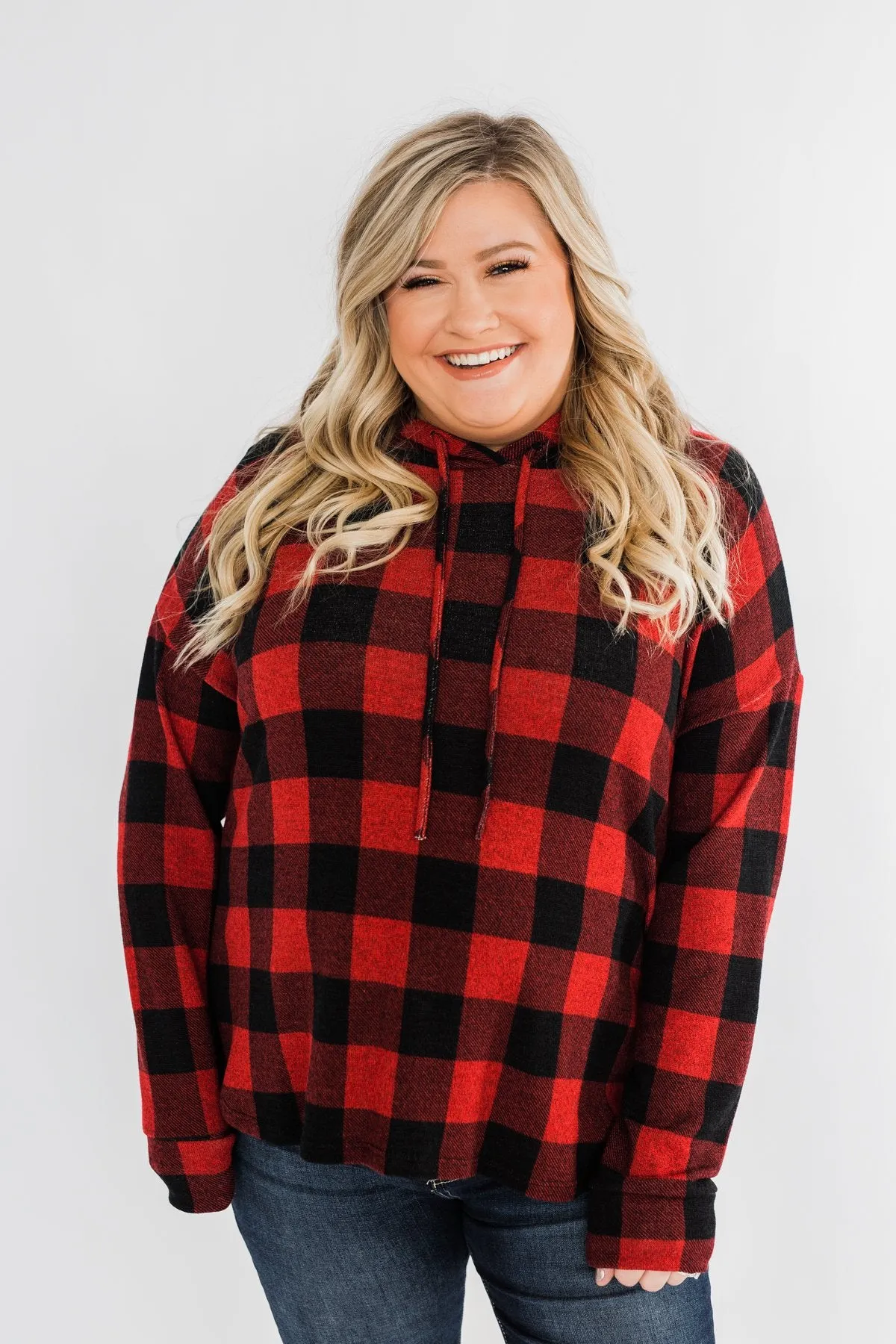 Brand New Day Drawstring Hoodie- Buffalo Plaid