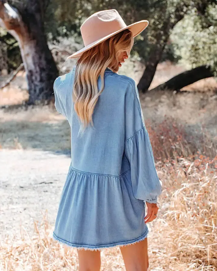 Brielle Oversized Button-Down Frayed Hem Denim Shirt Dress