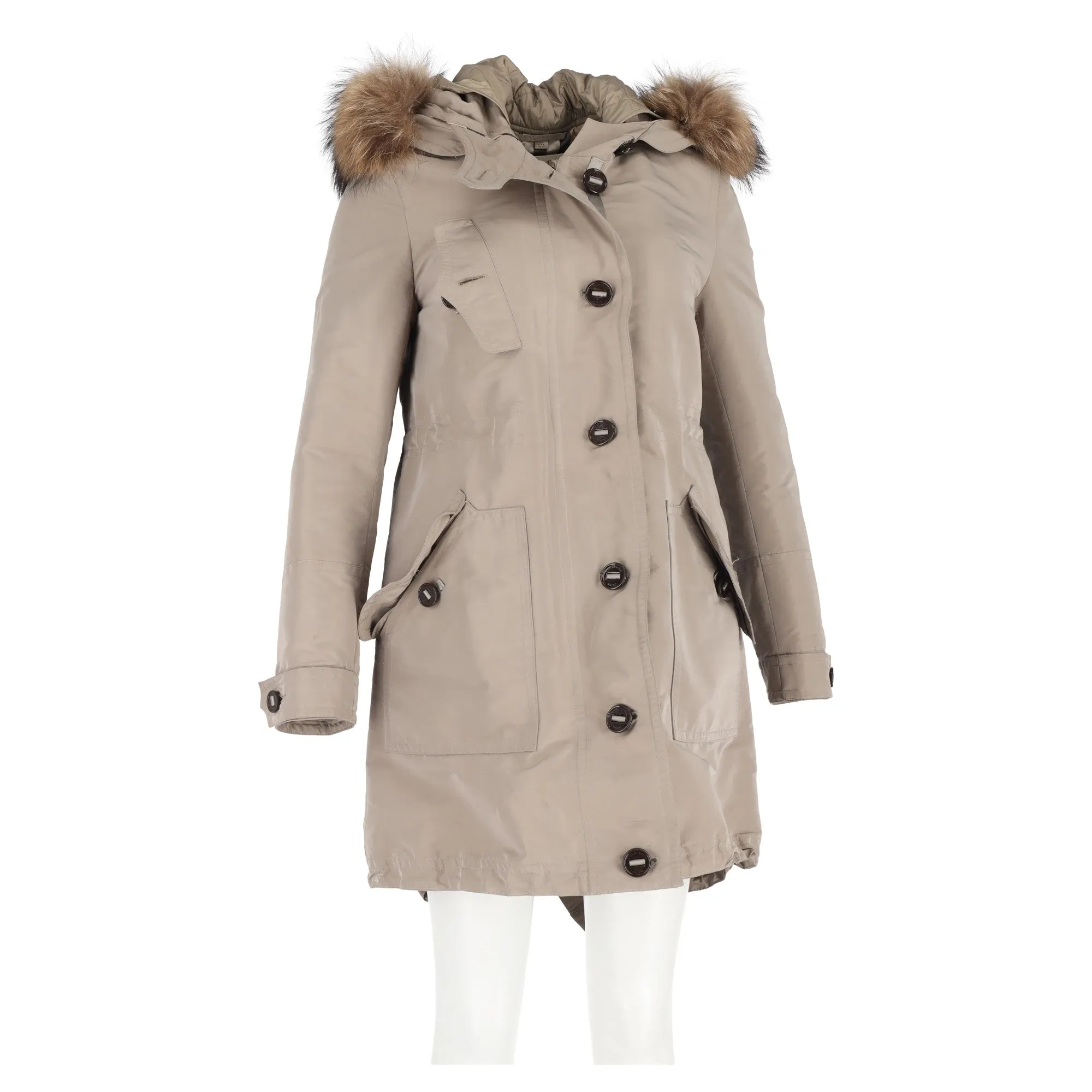 Burberry Fur Trim Buttoned Down Peacoat in Beige Polyamide