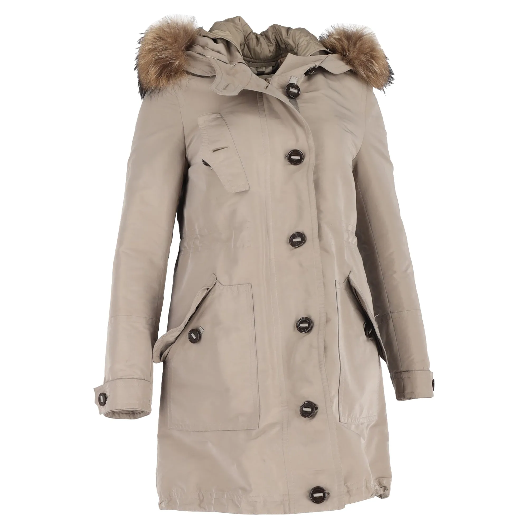 Burberry Fur Trim Buttoned Down Peacoat in Beige Polyamide