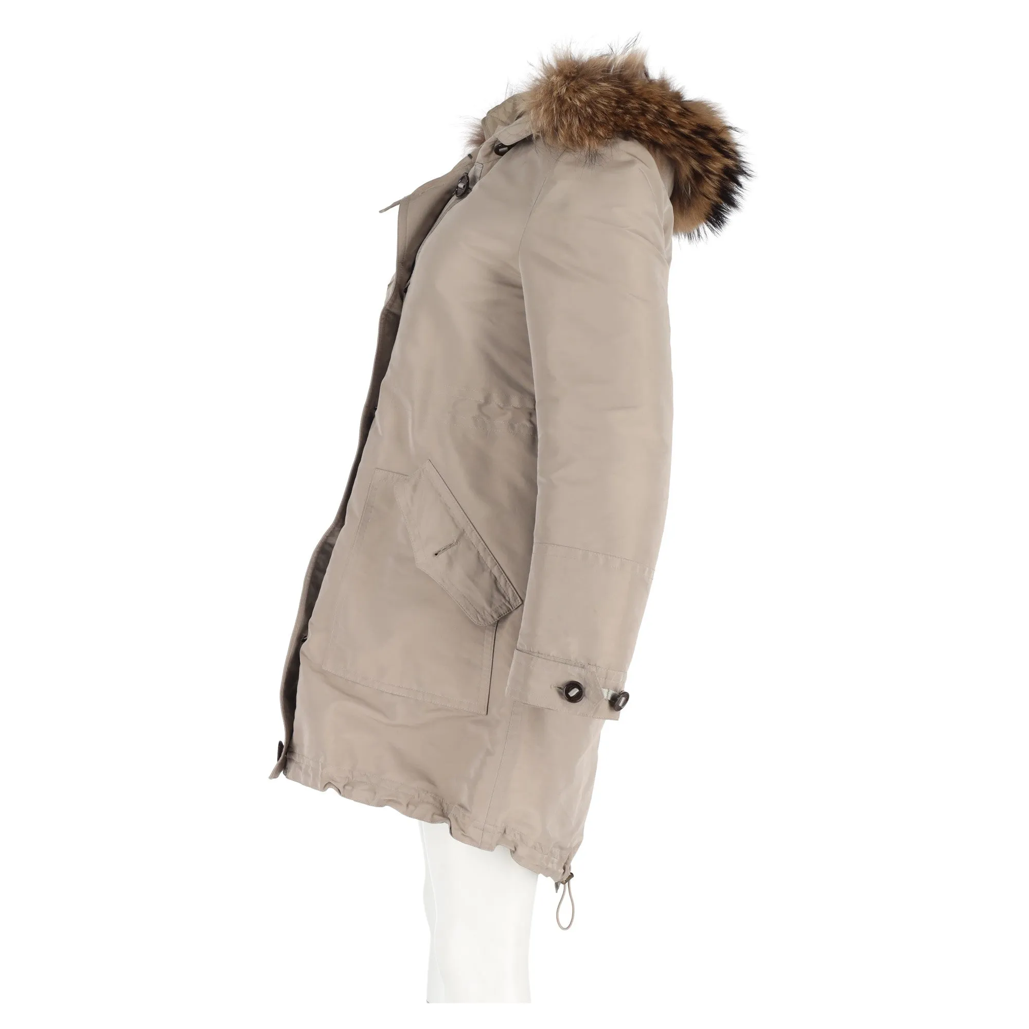 Burberry Fur Trim Buttoned Down Peacoat in Beige Polyamide