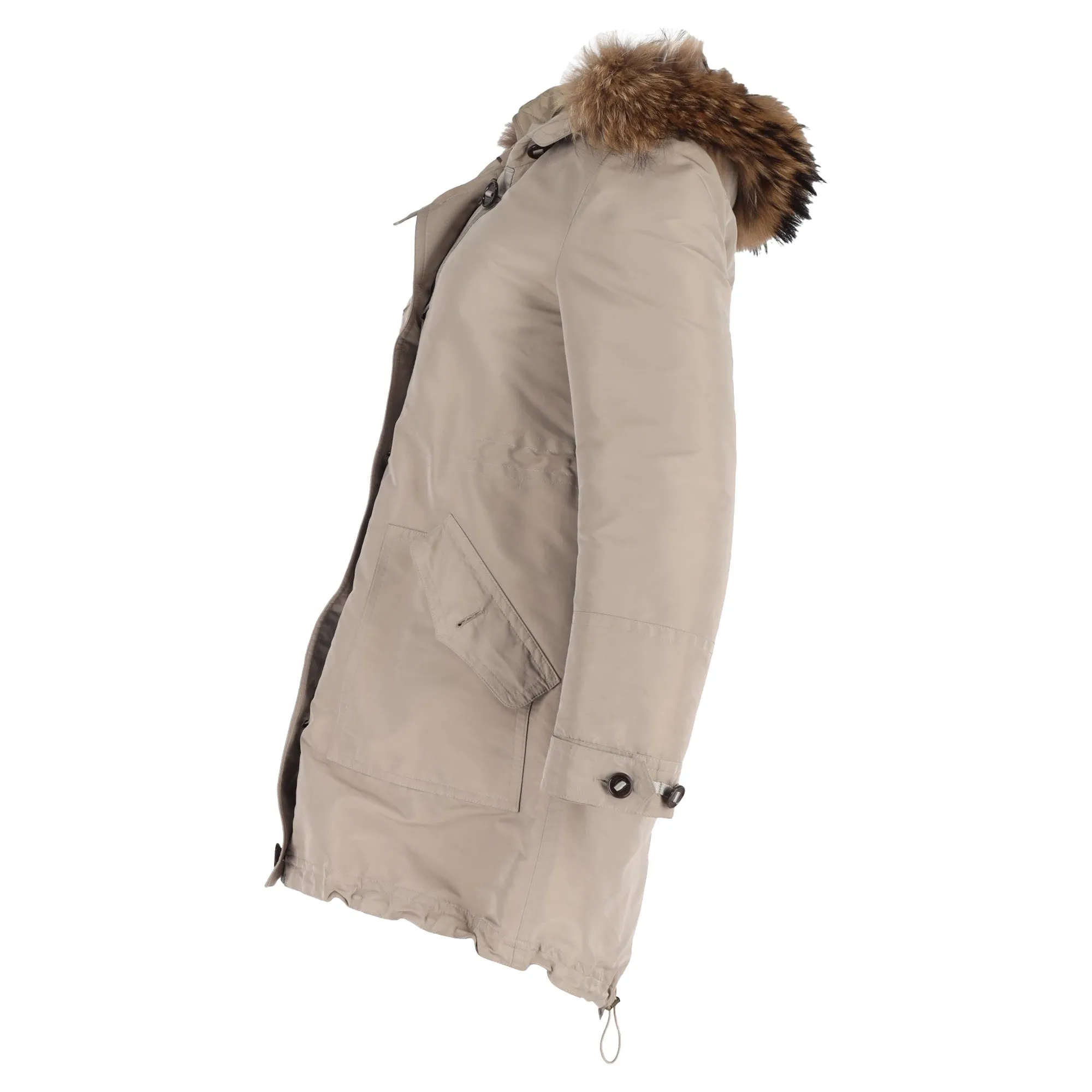 Burberry Fur Trim Buttoned Down Peacoat in Beige Polyamide