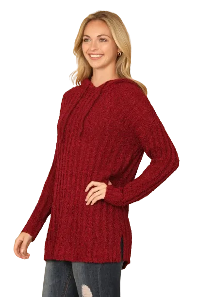 Burgundy Plus Size Ribbed Popcorn Knit Tunic Hoodie Sweater - Pack of 6