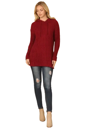 Burgundy Plus Size Ribbed Popcorn Knit Tunic Hoodie Sweater - Pack of 6