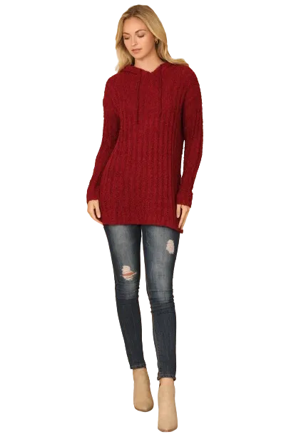 Burgundy Plus Size Ribbed Popcorn Knit Tunic Hoodie Sweater - Pack of 6