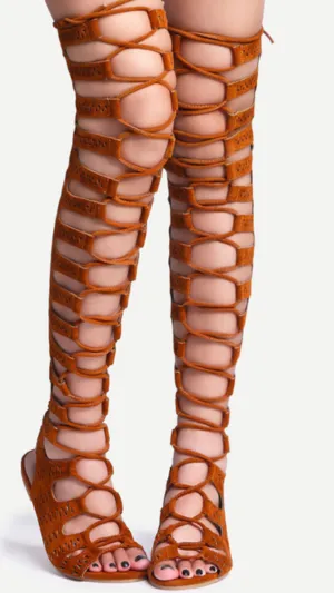Camel lace up thigh high flat sandals