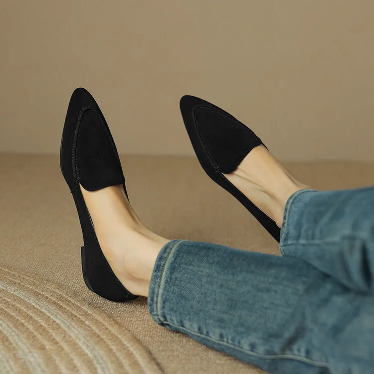 Caramel Brown Black Pointed Toe Suede Loafers #001126