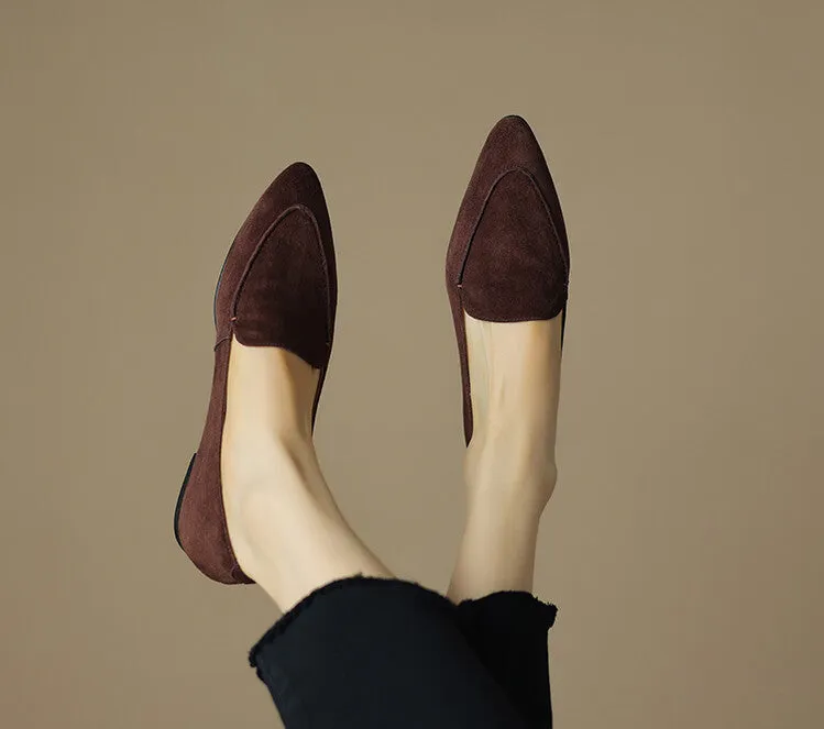 Caramel Brown Black Pointed Toe Suede Loafers #001126