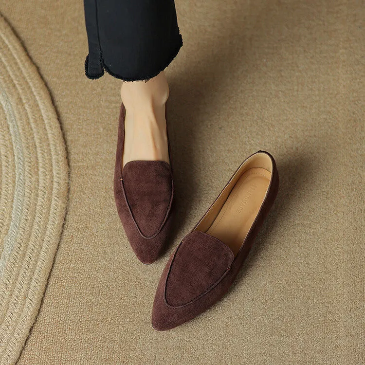 Caramel Brown Black Pointed Toe Suede Loafers #001126
