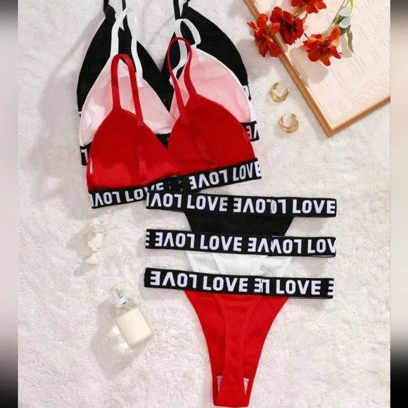 Contrast Letter Tape Women Bra &amp; Panty Lingerie Set, 6 Pieces/Set Sports