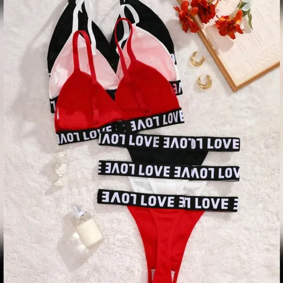 Contrast Letter Tape Women Bra &amp; Panty Lingerie Set, 6 Pieces/Set Sports