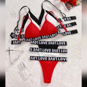 Contrast Letter Tape Women Bra &amp; Panty Lingerie Set, 6 Pieces/Set Sports