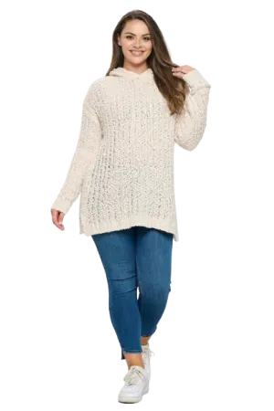 Cream Plus Size Ribbed Popcorn Knit Tunic Hoodie Sweater - Pack of 6