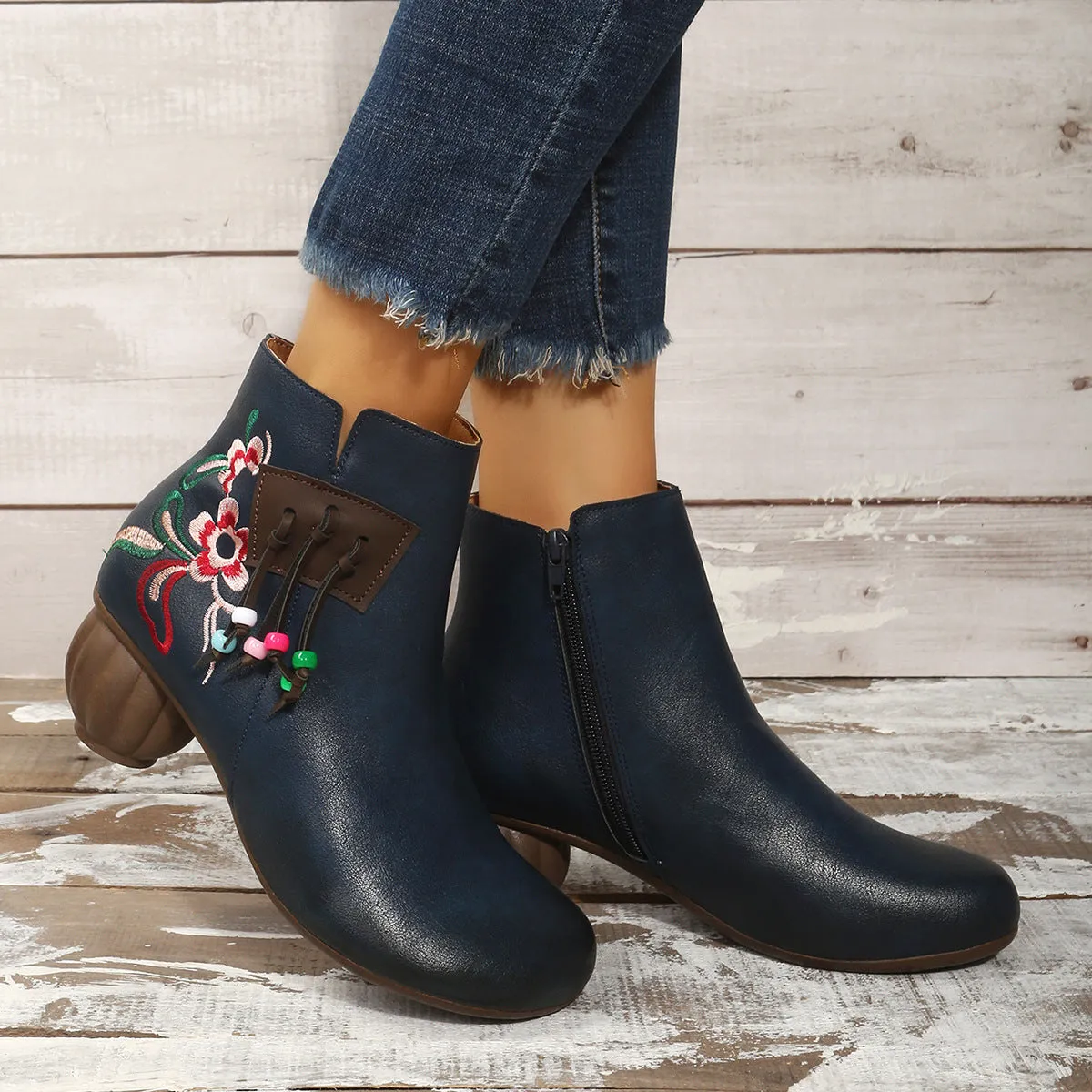 Creamtopmall Chunky Heel Side Zip Embroidered Fringe Martin Boots