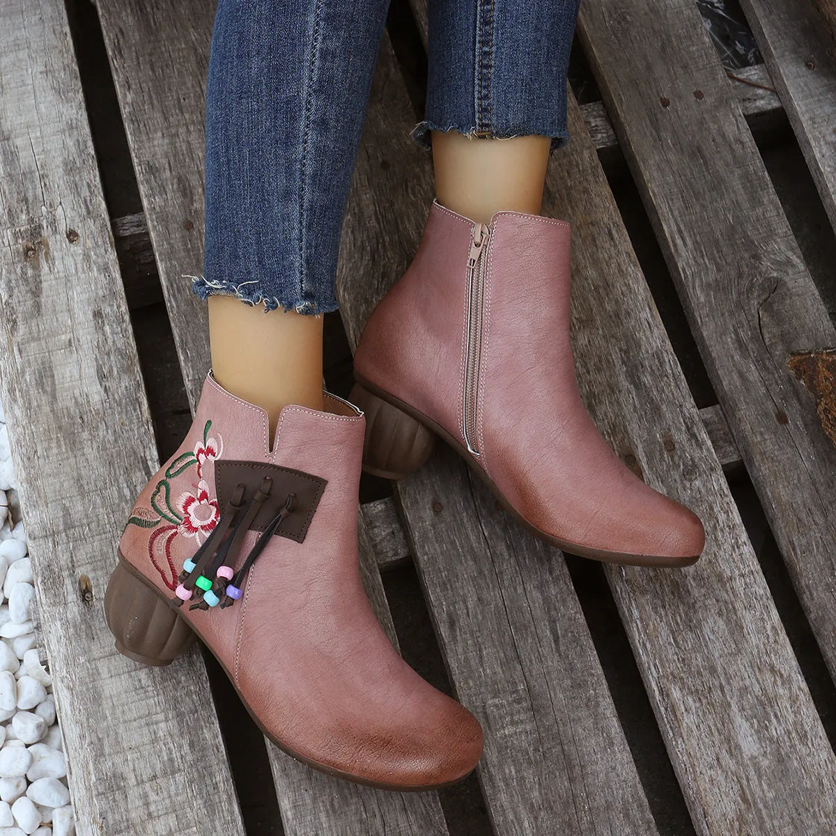 Creamtopmall Chunky Heel Side Zip Embroidered Fringe Martin Boots