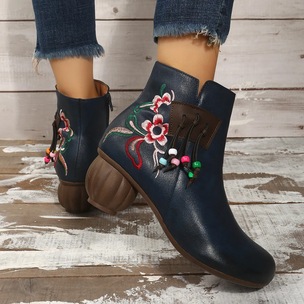 Creamtopmall Chunky Heel Side Zip Embroidered Fringe Martin Boots