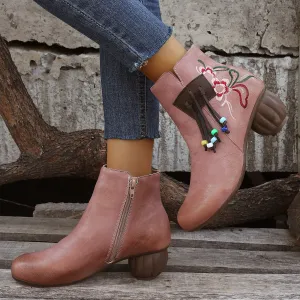 Creamtopmall Chunky Heel Side Zip Embroidered Fringe Martin Boots