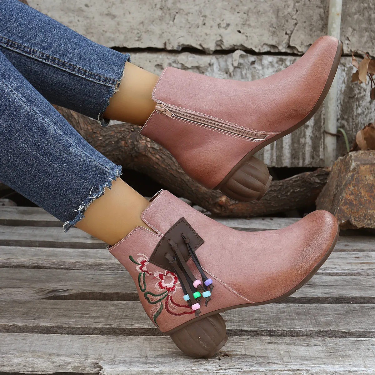Creamtopmall Chunky Heel Side Zip Embroidered Fringe Martin Boots