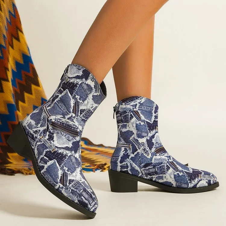 Creamtopmall Denim patch embellished ankle boots