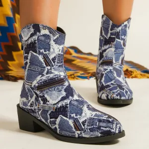 Creamtopmall Denim patch embellished ankle boots