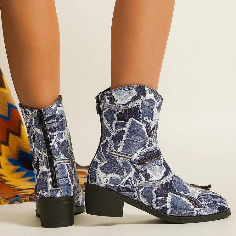 Creamtopmall Denim patch embellished ankle boots