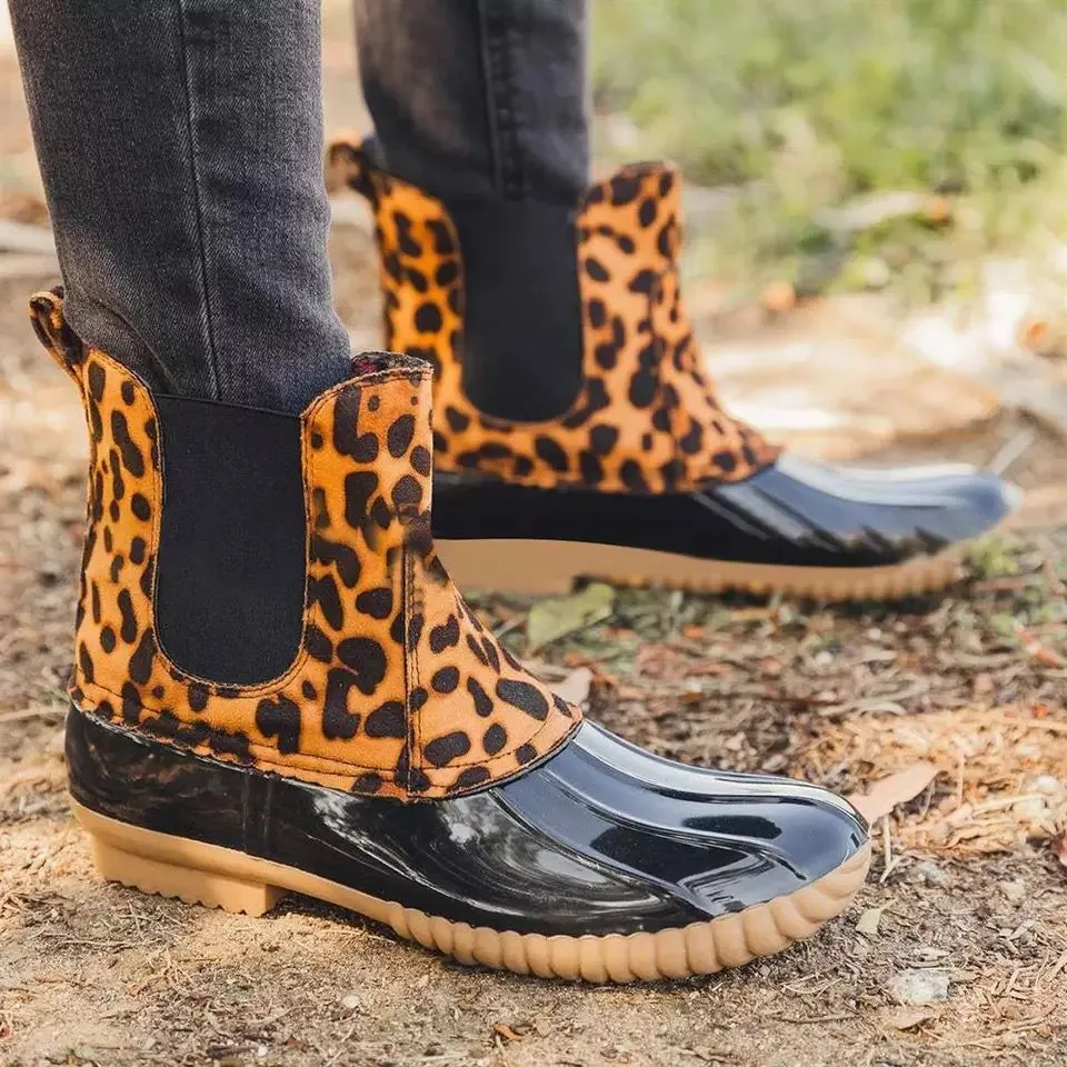 Creamtopmall Leopard Printed Waterproof Slip On Ankle Duckboots