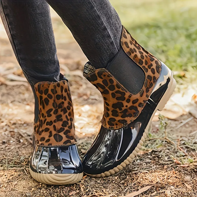 Creamtopmall Leopard Printed Waterproof Slip On Ankle Duckboots
