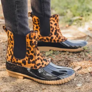 Creamtopmall Leopard Printed Waterproof Slip On Ankle Duckboots