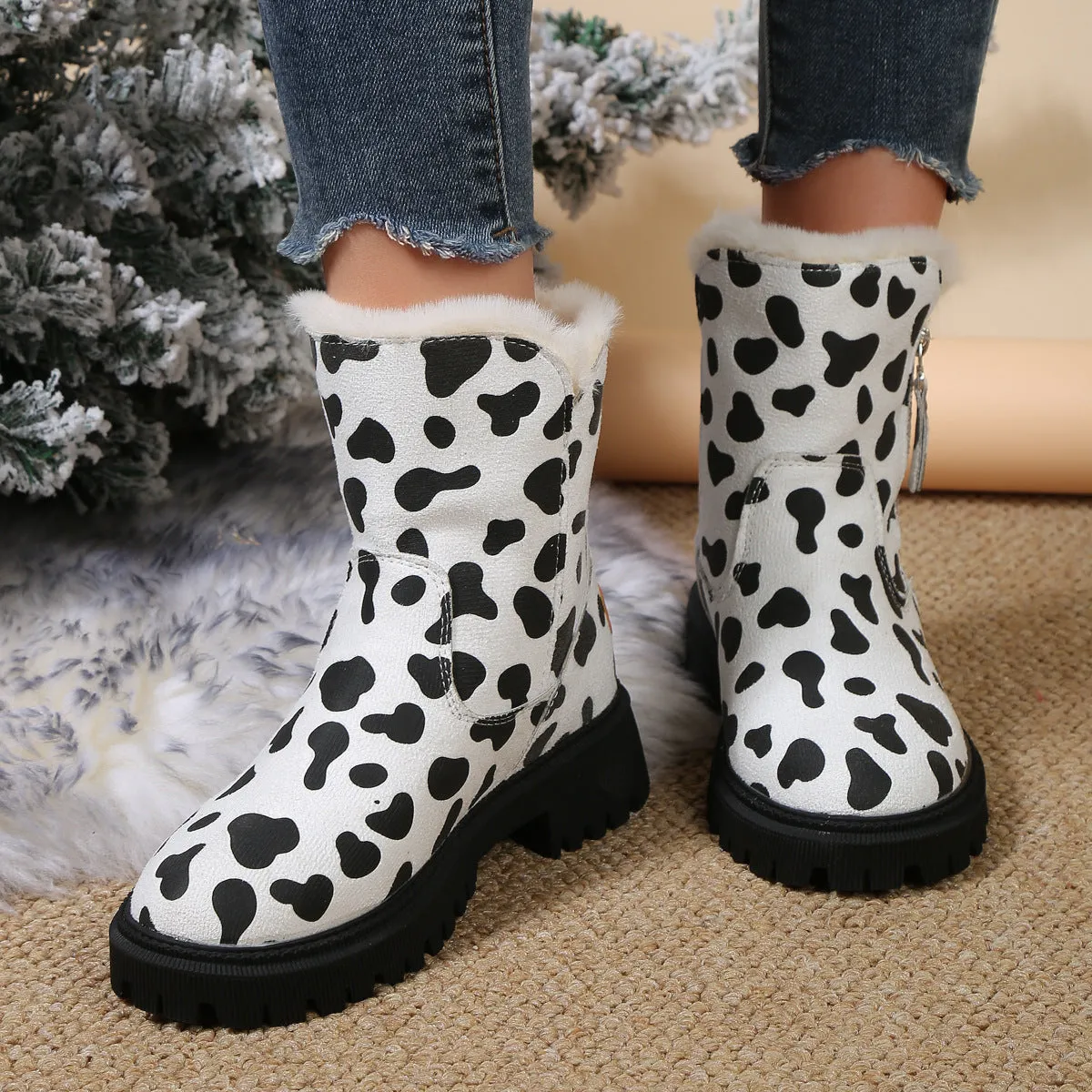 Creamtopmall Leopard velvet mid-calf cotton shoes