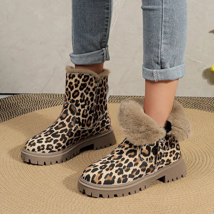 Creamtopmall Leopard velvet mid-calf cotton shoes