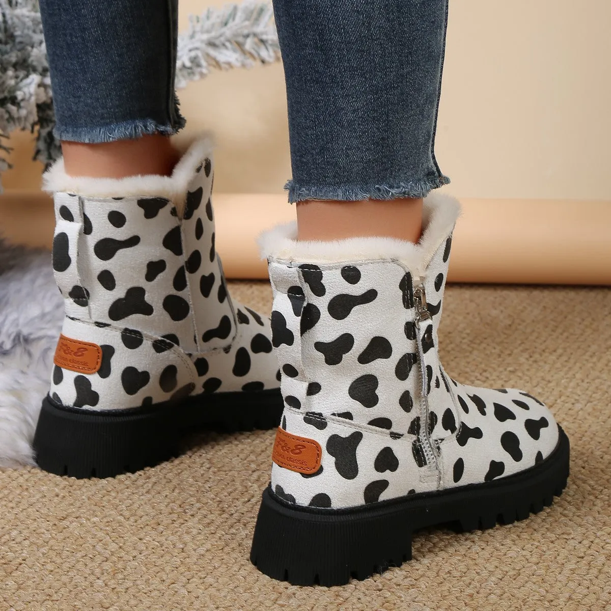 Creamtopmall Leopard velvet mid-calf cotton shoes