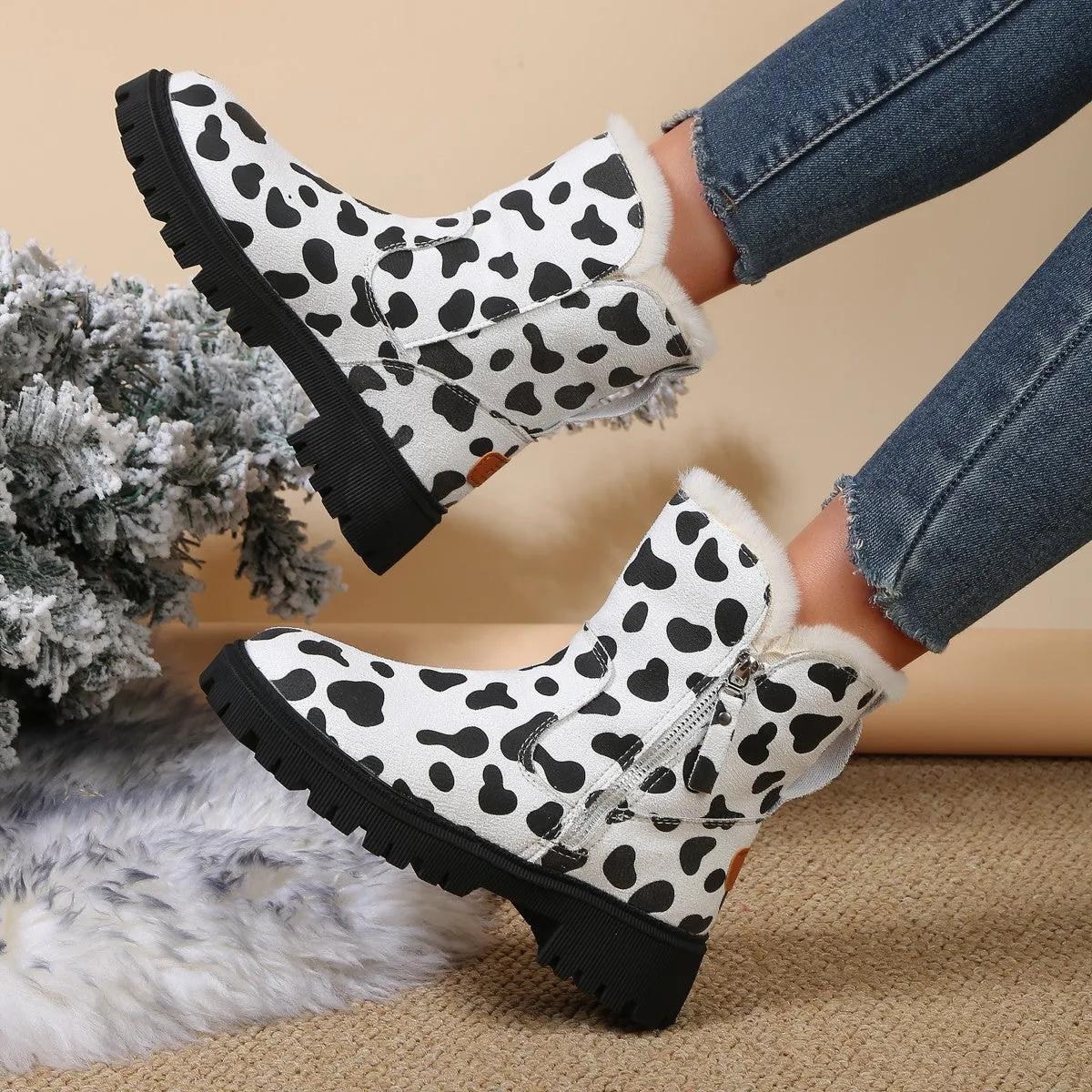 Creamtopmall Leopard velvet mid-calf cotton shoes