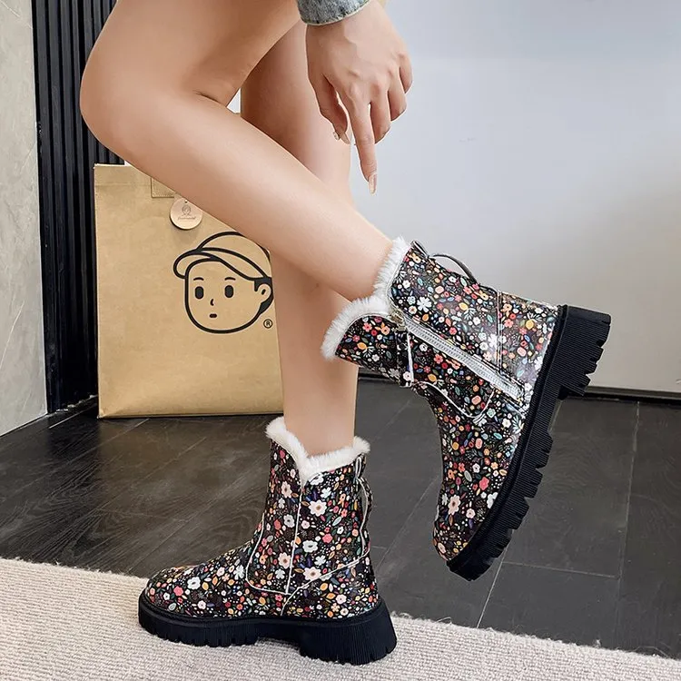 Creamtopmall Leopard velvet mid-calf cotton shoes