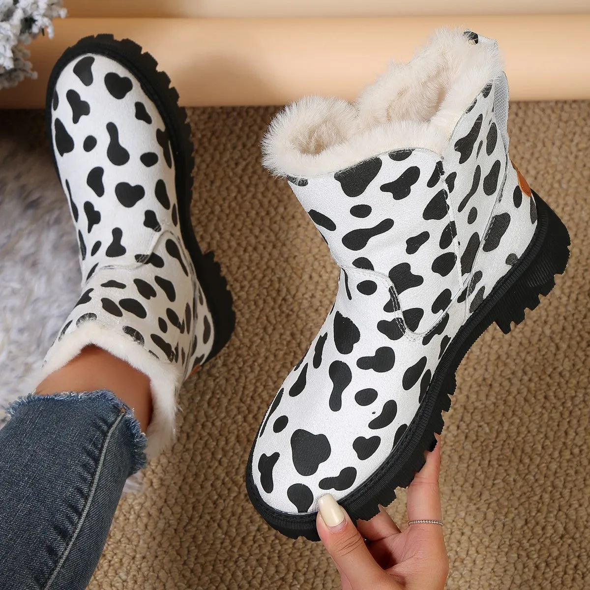 Creamtopmall Leopard velvet mid-calf cotton shoes