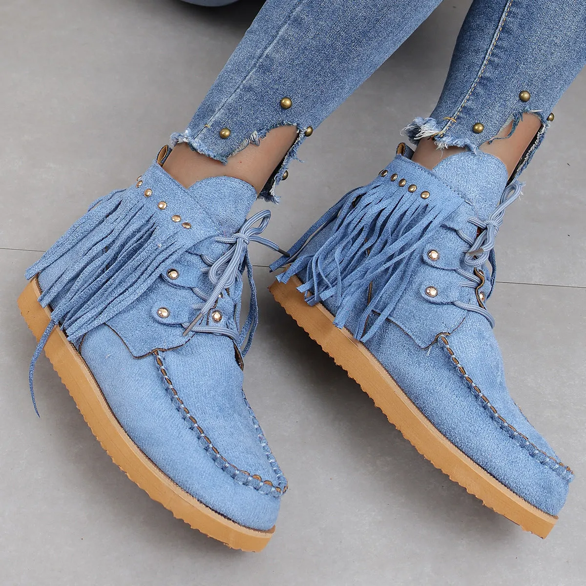 Creamtopmall Suede fringed lace-up flat Chelsea boots