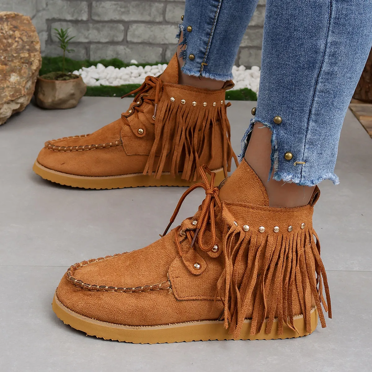 Creamtopmall Suede fringed lace-up flat Chelsea boots