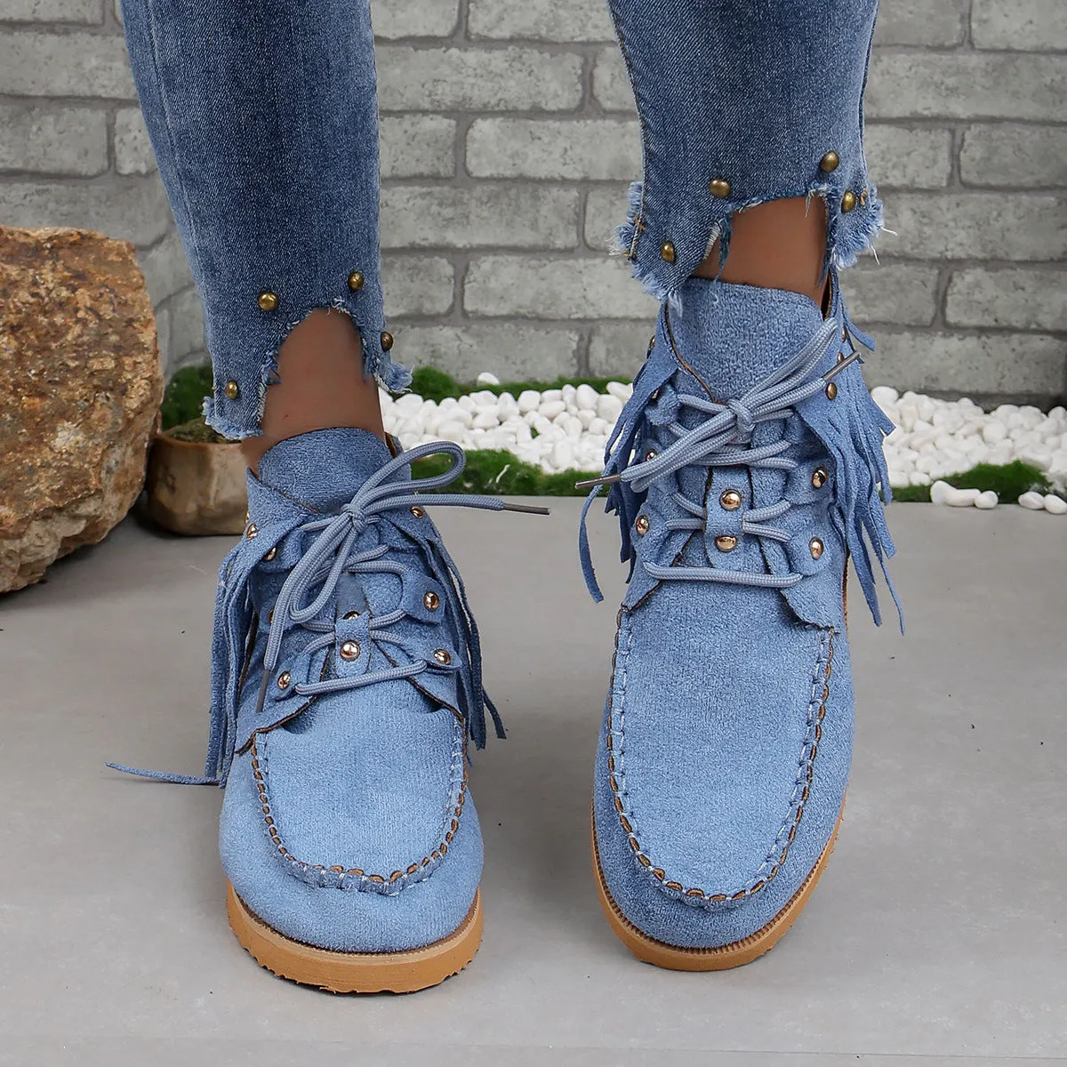 Creamtopmall Suede fringed lace-up flat Chelsea boots