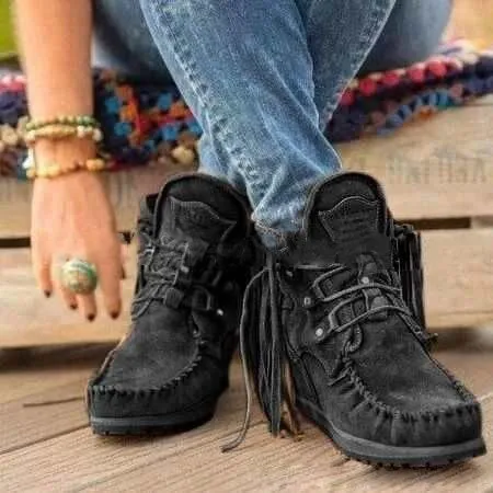 Creamtopmall Suede fringed lace-up flat Chelsea boots
