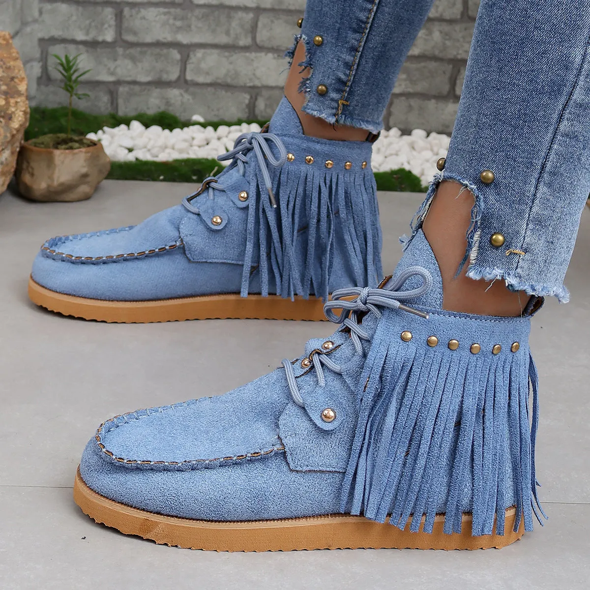 Creamtopmall Suede fringed lace-up flat Chelsea boots