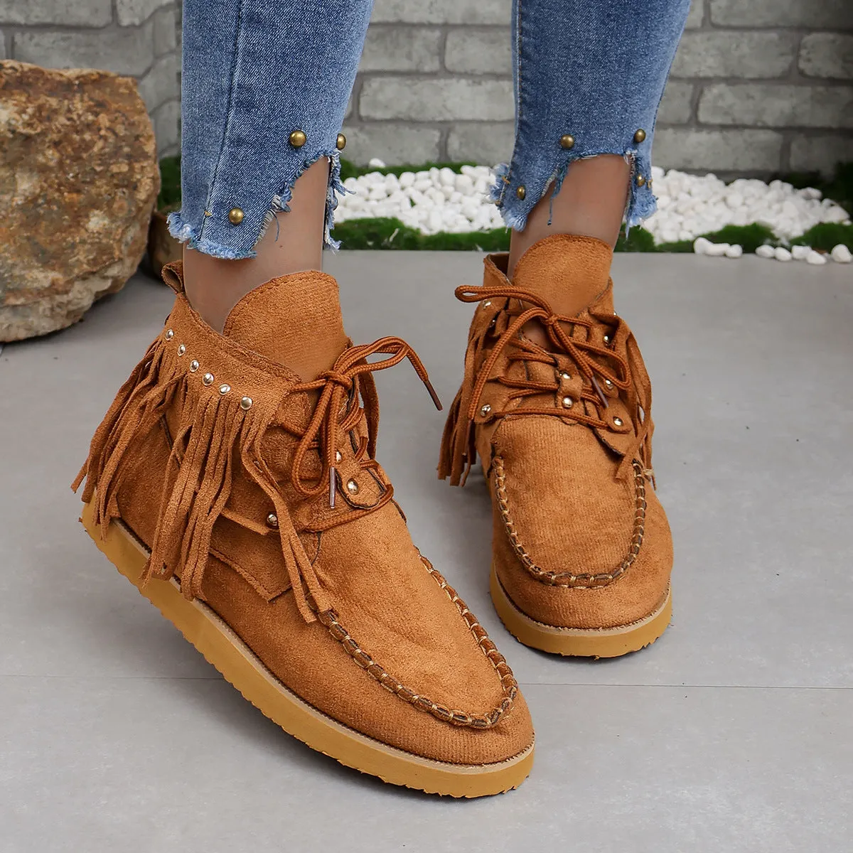Creamtopmall Suede fringed lace-up flat Chelsea boots
