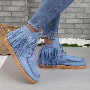 Creamtopmall Suede fringed lace-up flat Chelsea boots