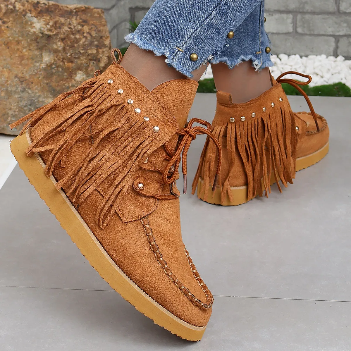 Creamtopmall Suede fringed lace-up flat Chelsea boots