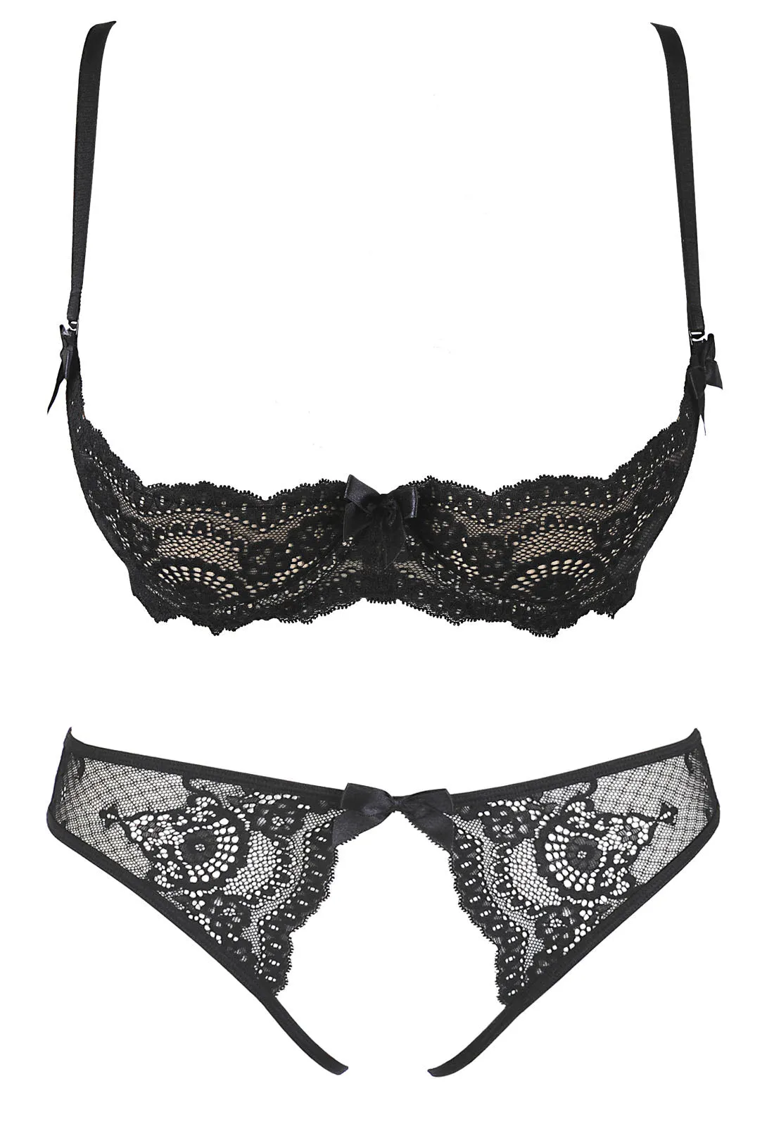 Crotchless Black Lace European Quarter Cup Bra Set