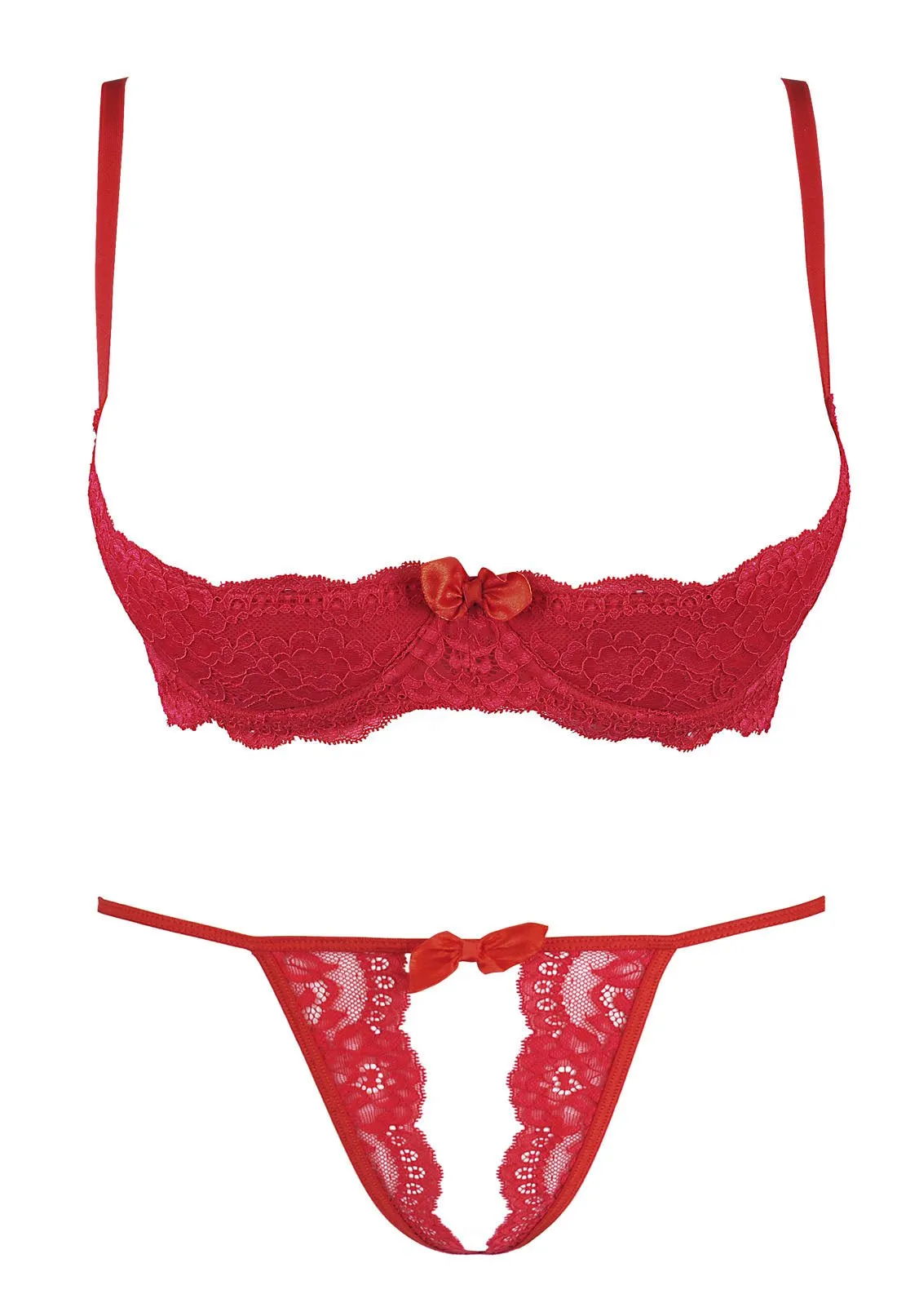 Crotchless Red Lace European Quarter Cup Bra Set
