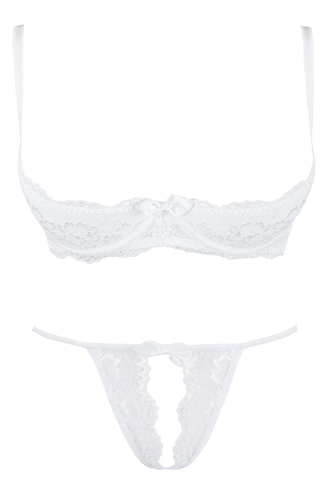 Crotchless White Lace European Quarter Cup Bra Set