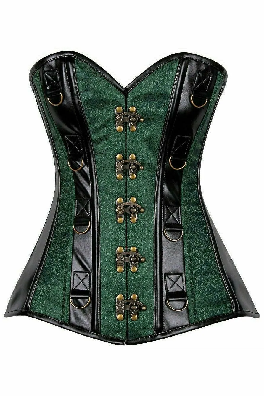 Deluxe Dark Green Brocade & Faux Leather Steel Boned Corset