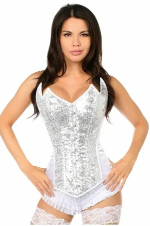 Deluxe White With Silver Sequin Pointed Top Steel Boned Corset