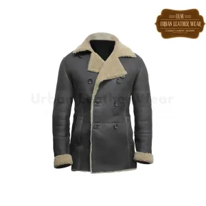 Double Breasted Leather Peacoat Grey
